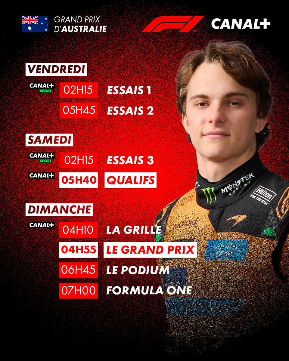 💥ALERTE PROGRAMME F1💥

ON Y EST les ami(e)s !! 🇦🇺🌏🦘

La #F1 est de retour ce week-end sur les Antennes <a href="/canalplus/">CANAL+</a> !! 🏎️🏁

Certes il va falloir se lever tôt (ou se coucher tard ! 💃🕺🪩)
mais avouez qu'on a très envie de savoir qui va signer la Pole et remporter le premier
