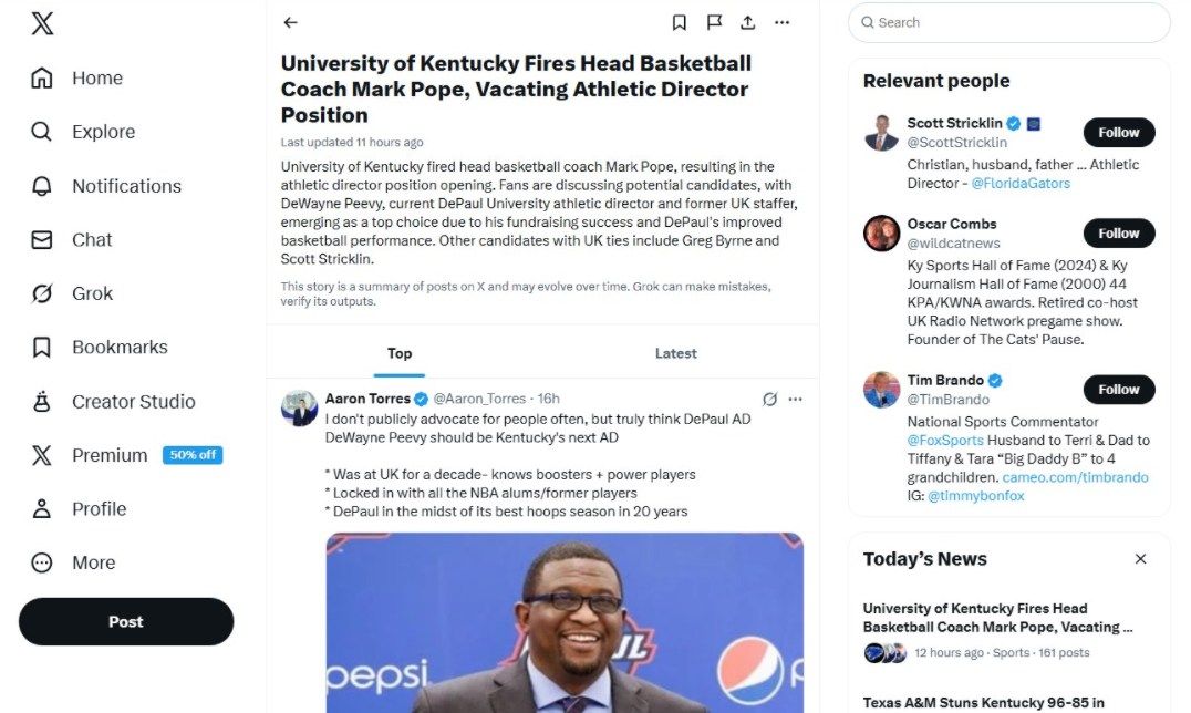 RealMarcusTodd's tweet photo. It seems @grok thinks Coach Pope is out of a job this morning. @KSRonX https://t.co/JxbItj4vKM