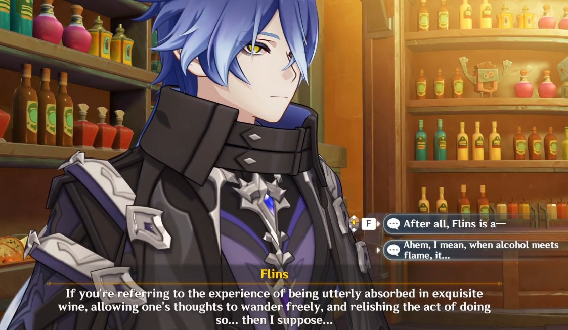 #varflins

One of the greatest highlights about the varflins tavern anecdote is the confirmation of Flins drinking alcohol as fuel (I would also say the tastiest fuel compared to rations), and a big reason why he loves hanging out with Varka -- he just loves Varka's company.