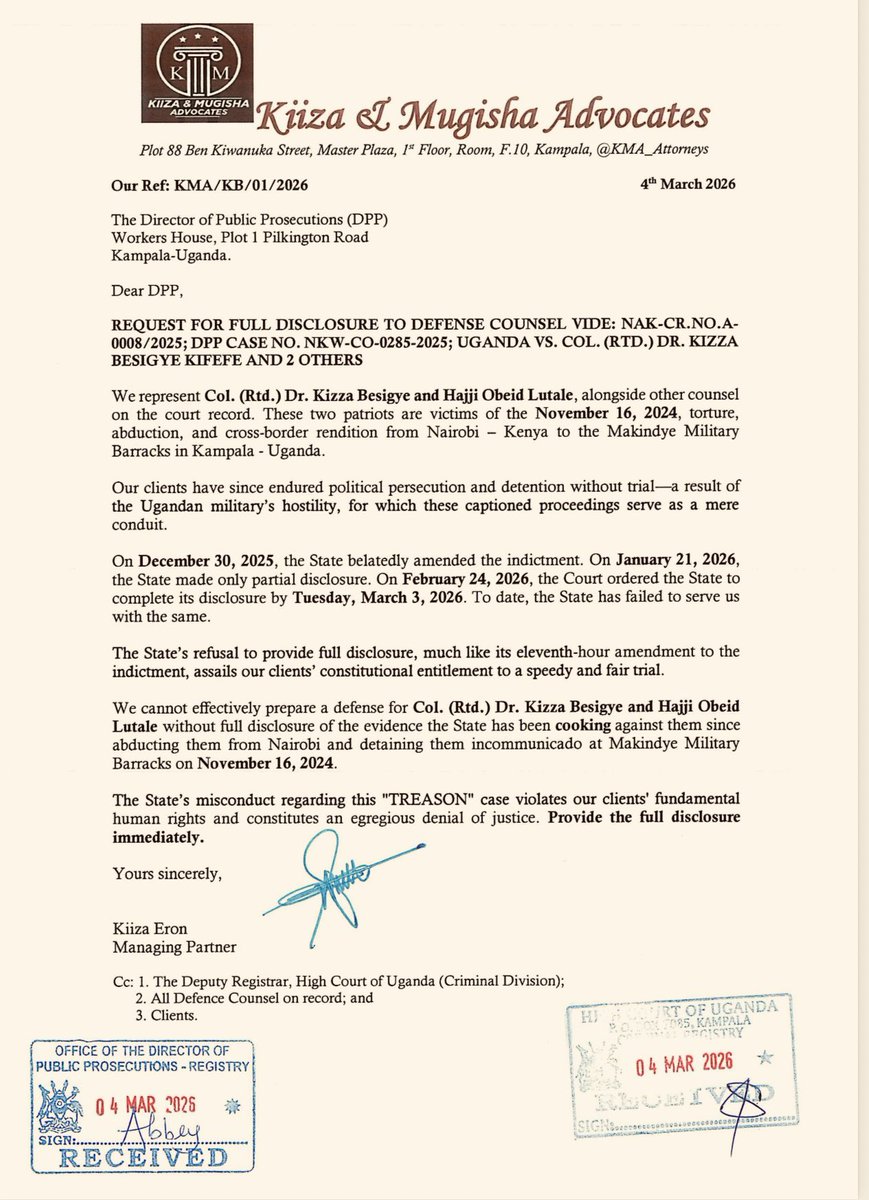 kiizaeron's tweet photo. We condemn the @MODVA_UPDF @GovUganda @KagutaMuseveni continuing political persecution of BESIGYE AND LUTALE using State institutions like @JudiciaryUG and @ODPPUGANDA including failure to serve DEFENSE COUNSEL with disclosure of the case they have against our clients. This must stop.