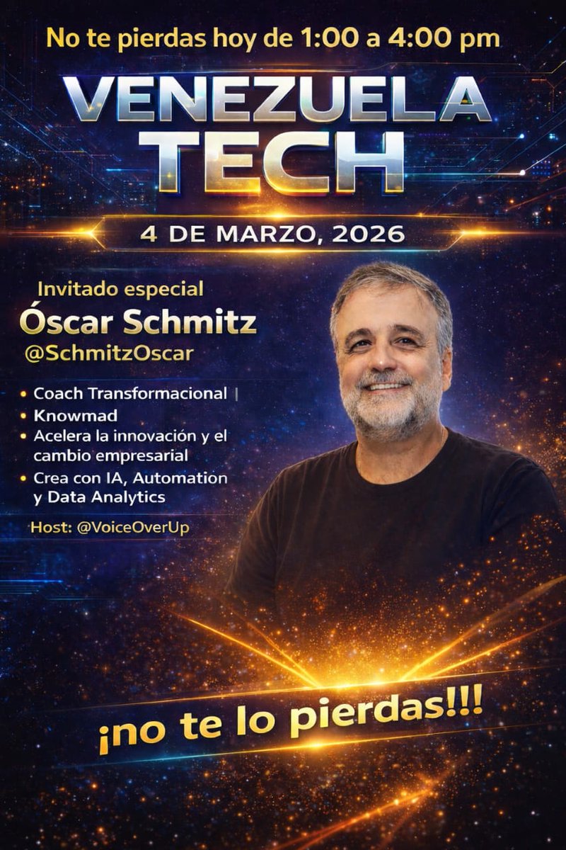 VoiceOverUp's tweet photo. 🚀 ¿Listos para acelerar la transformación digital?
Hoy en #VenezuelaTech recibimos a un invitado de lujo: Óscar Schmitz, @SchmitzOscar
Experto en Coach Transformacional e IA. https://t.co/h0623mAofX