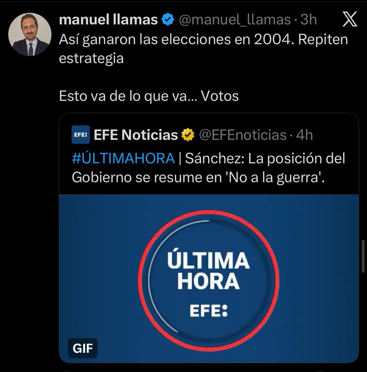 No, Manuel. Las elecciones de 2004 las perdió el PP porque nos metió en una guerra buscando unas armas de destrucción masiva que nunca existieron. Esa decisión nos puso en el punto de mira y acabó con un atentado en el que murieron más de 200 personas.