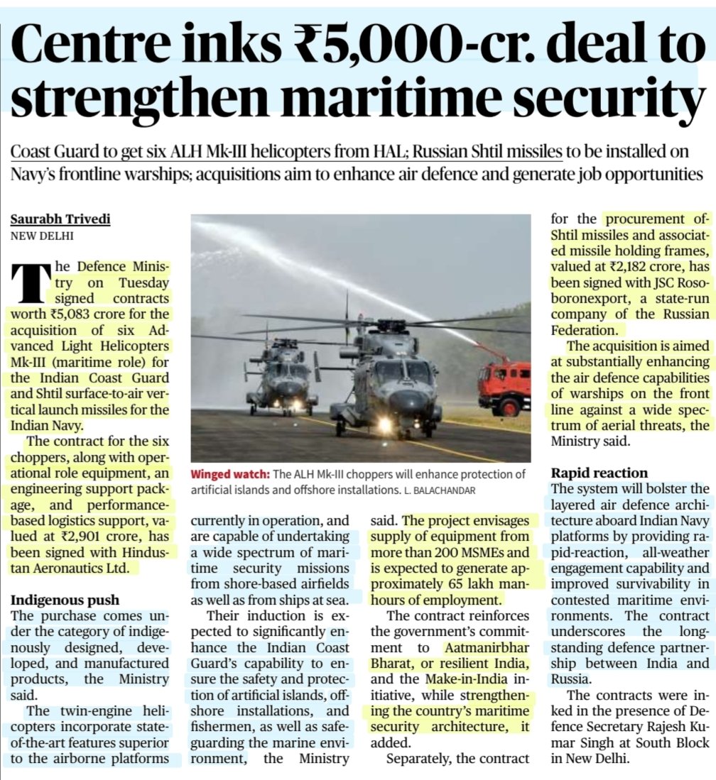 imRavikantYadav's tweet image. Centre inks ₹5,000-cr deal to strengthen maritime security

:Details by Sh Saurabh Trivedi
@saurabh3vedi 

#Defence
#MaritimeSecurity #Coastguard #HAL
#helicopter #MakeInIndia #Atmanirbharbharat 

#UPSC 

Source: TH