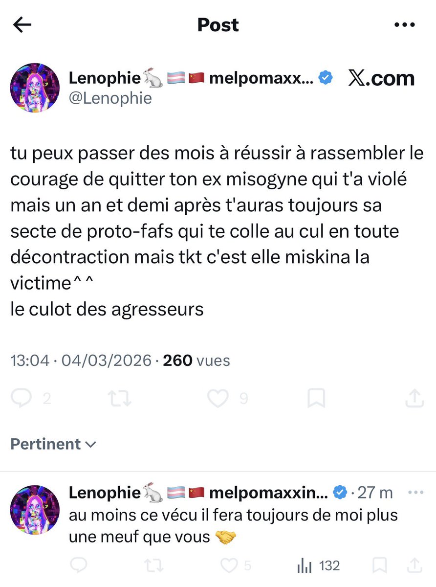 Les femmes n'utilisent pas les VSS pour se construire un narratif
Elles dénoncent juste la réalité patriarcale de ce monde qui n'en a que faire des femmes (et des femmes trans)

T'as été call out puis t'as utilisé la uno reverse card en manipulant et mentant dans ton discours