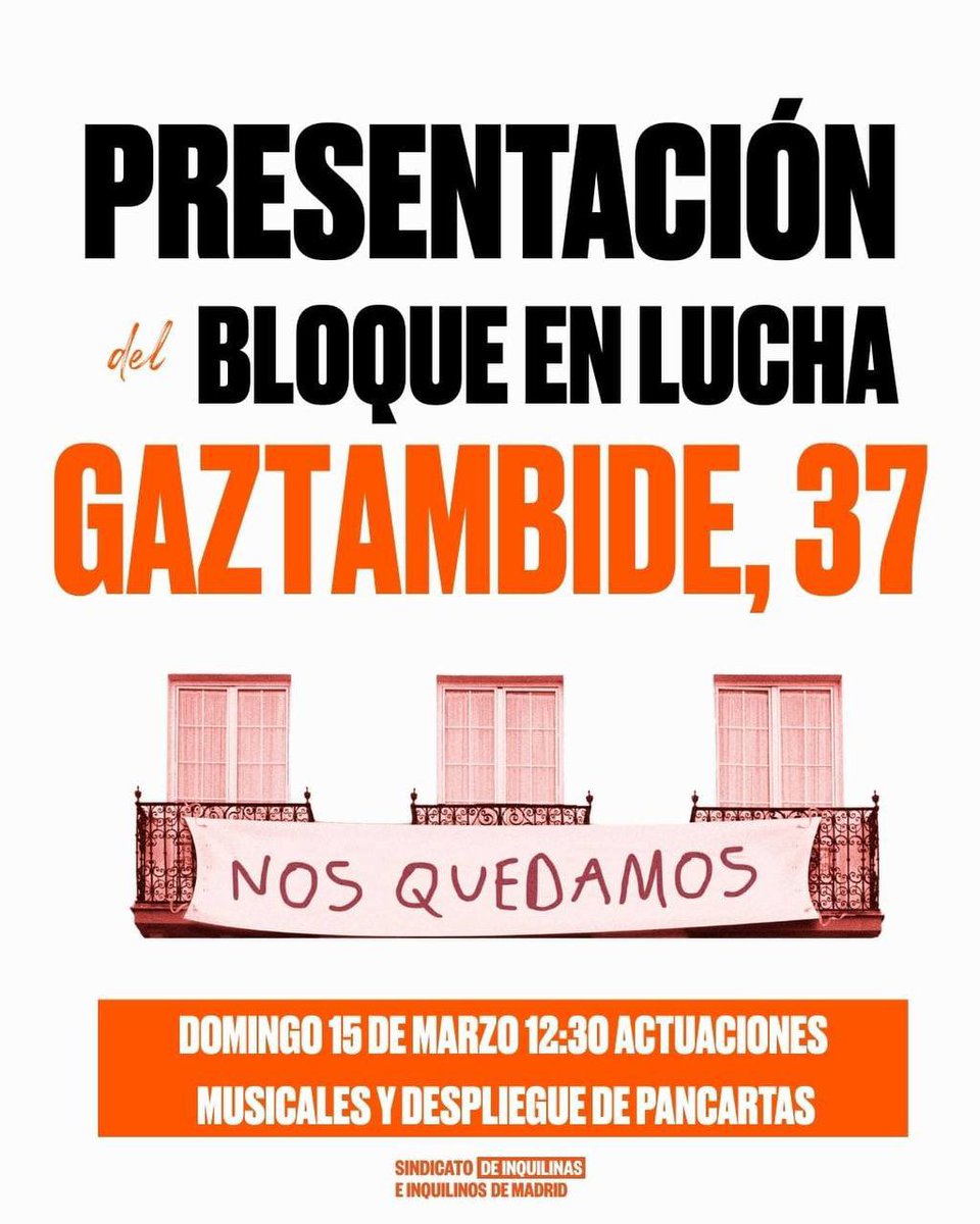 La próxima semana vamos a plantar cara a Bernardo Palau de Belza, el fondo que acecha a Gaztambide 37.
Vamos a decirles que no nos vamos, que #NosQuedamos , y te necesitamos allí para ser muchas. 

🗓️ Domingo 15 de marzo a las 12:30
📍 Calle Gaztambide 37