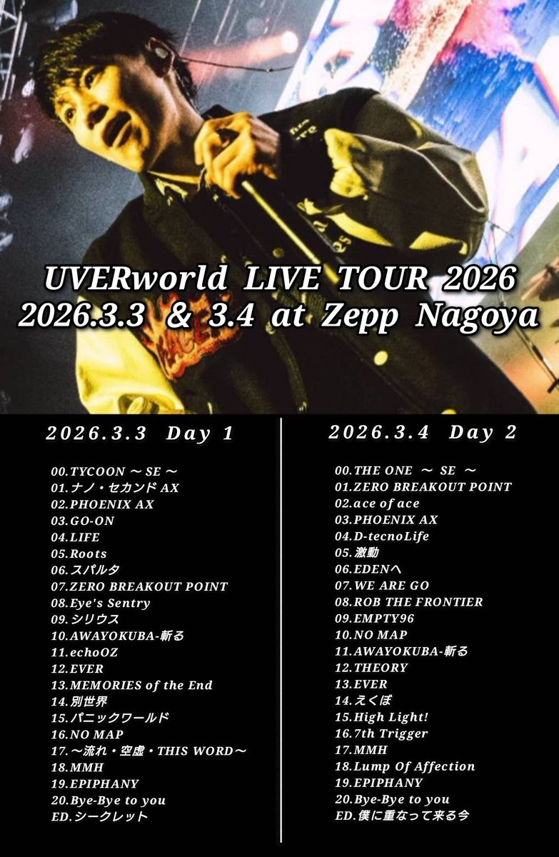 名古屋公演 セトリまとめ】 UVERworld LIVE TOUR 2026 at Zepp Nagoya