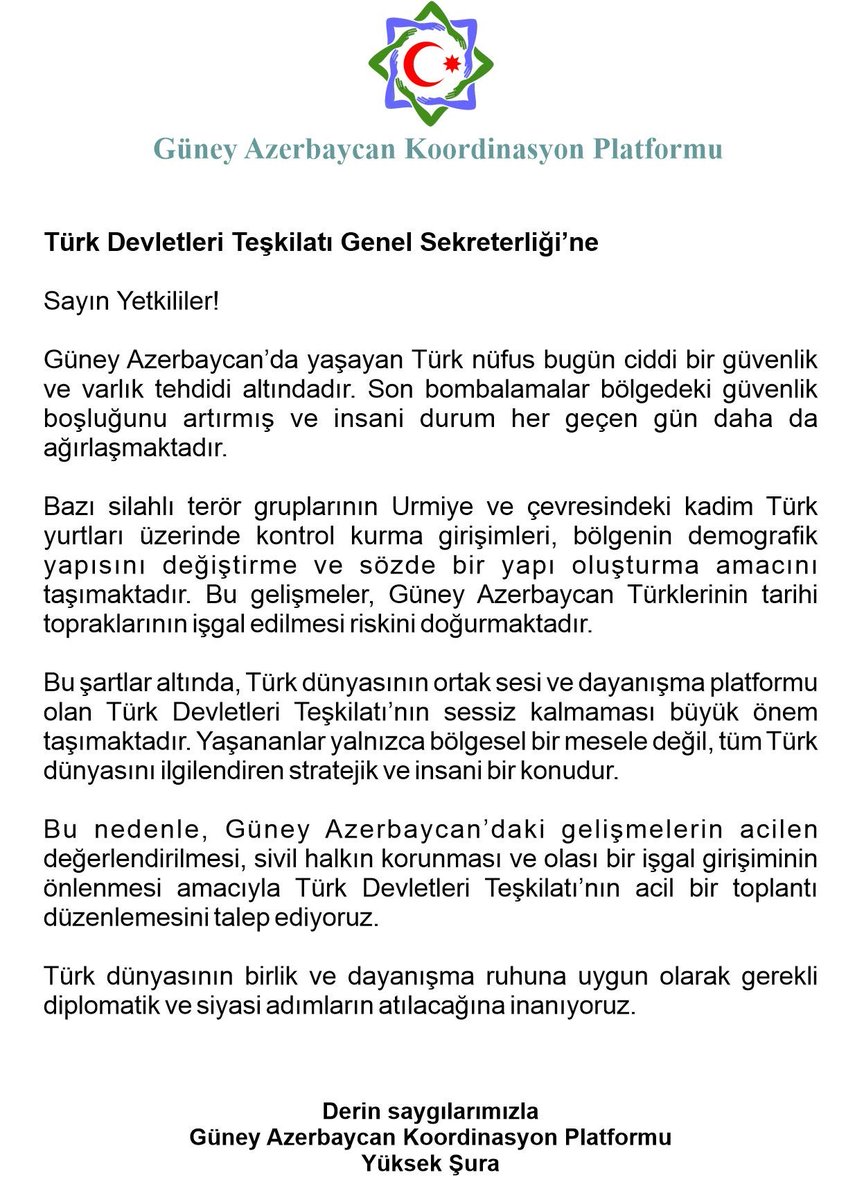 Güney Azerbaycan Koordinasyon Platformu, Türk Devletleri Teşkilatı’na resmi bir başvuruda bulunmuştur.

<a href="/Turkic_States/">Organization of Turkic States</a>