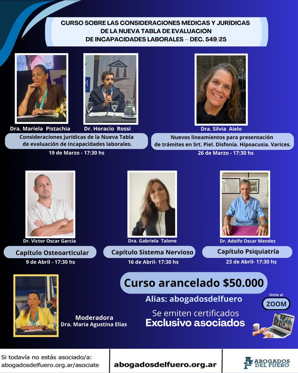 📘 CURSO SOBRE LAS CONSIDERACIONES MÉDICAS Y JURÍDICAS
DE LA NUEVA TABLA DE EVALUACIÓN
DE INCAPACIDADES LABORALES – DEC. 549/25

📝 Formulario de inscripción:
👉 docs.google.com/forms/d/e/1FAI…⁠�

📣 Cupos limitados