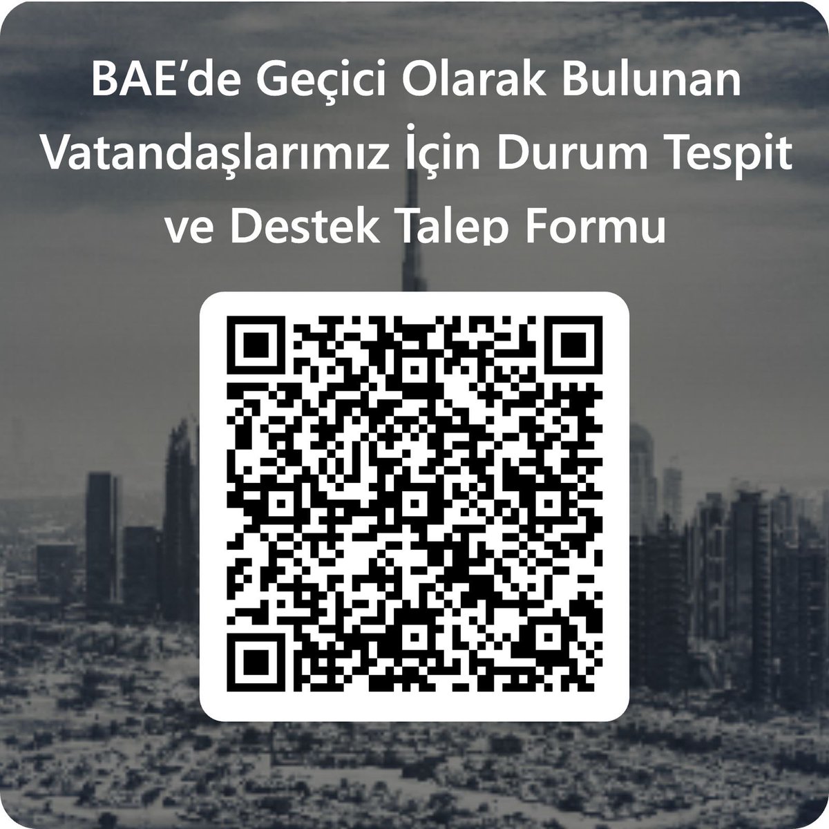 TC_AbuDabiBE's tweet photo. BAE’de geçici olarak bulunan vatandaşlarımızın dikkatine:

Son gelişmeler nedeniyle seyahat planları etkilenmiş olan vatandaşlarımızın, iletişim bilgilerini güncelleme amacıyla hazırlanmış olan formu QR kod veya link aracılığıyla doldurmaları rica olunur.

https://t.co/ms6uY3tXHh https://t.co/N5MkT5J1Zr
