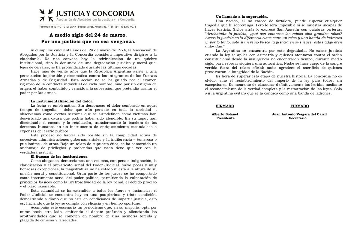 Declaración de la Asociación de Abogados por la Justicia y la Concordia

A medio siglo del 24 de marzo. Por una justicia que no sea venganza.
