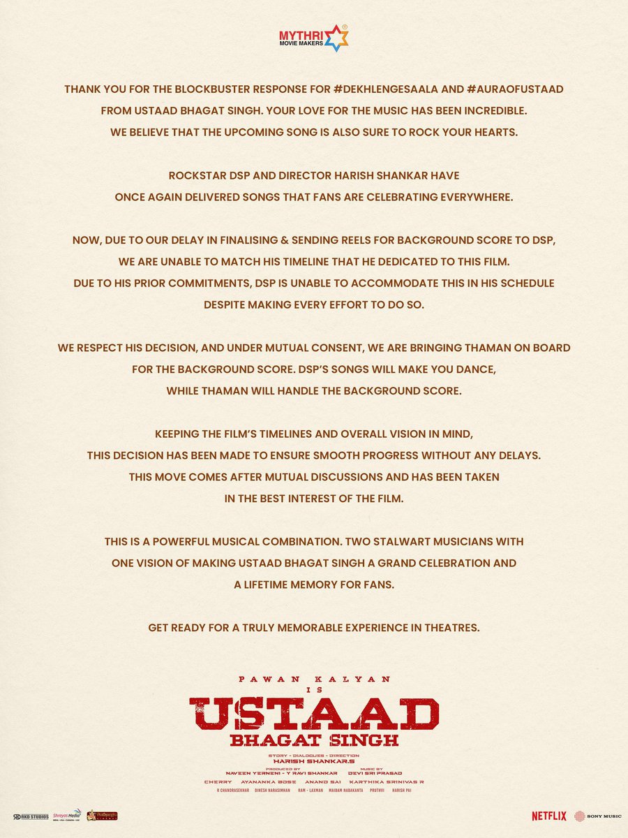 iamstoicH's tweet image. 🚨 BREAKING 🚨

Rockstar DSP steps away from composing the Background Score for #UstaadBhagatSingh due to scheduling commitments.

🎵 #DSP will still deliver the songs, while #Thaman has now been brought on board to compose the background score. 🔥

A powerful musical combo