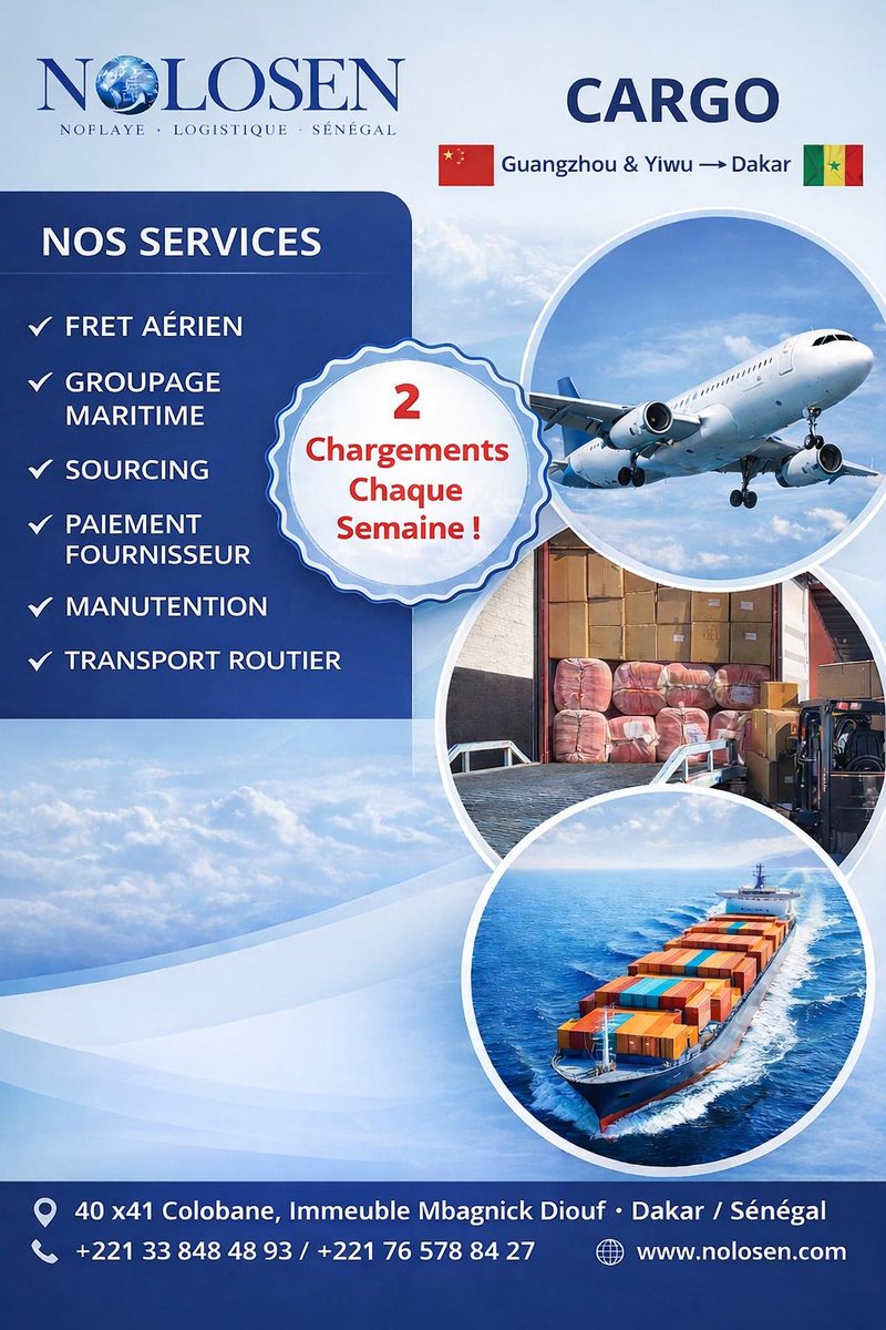 NoflayeC76210's tweet image. 🚀 Vous importez depuis la 🇨🇳? Simplifiez-vous la vie ! 
Avec NOLOSEN – Noflaye Logistique Sénégal, profitez d’un accompagnement professionnel de A à Z pour sécuriser et accélérer vos importations.

🌐 nolosen.com

#Importation #BusinessSénégal #CommerceInternational