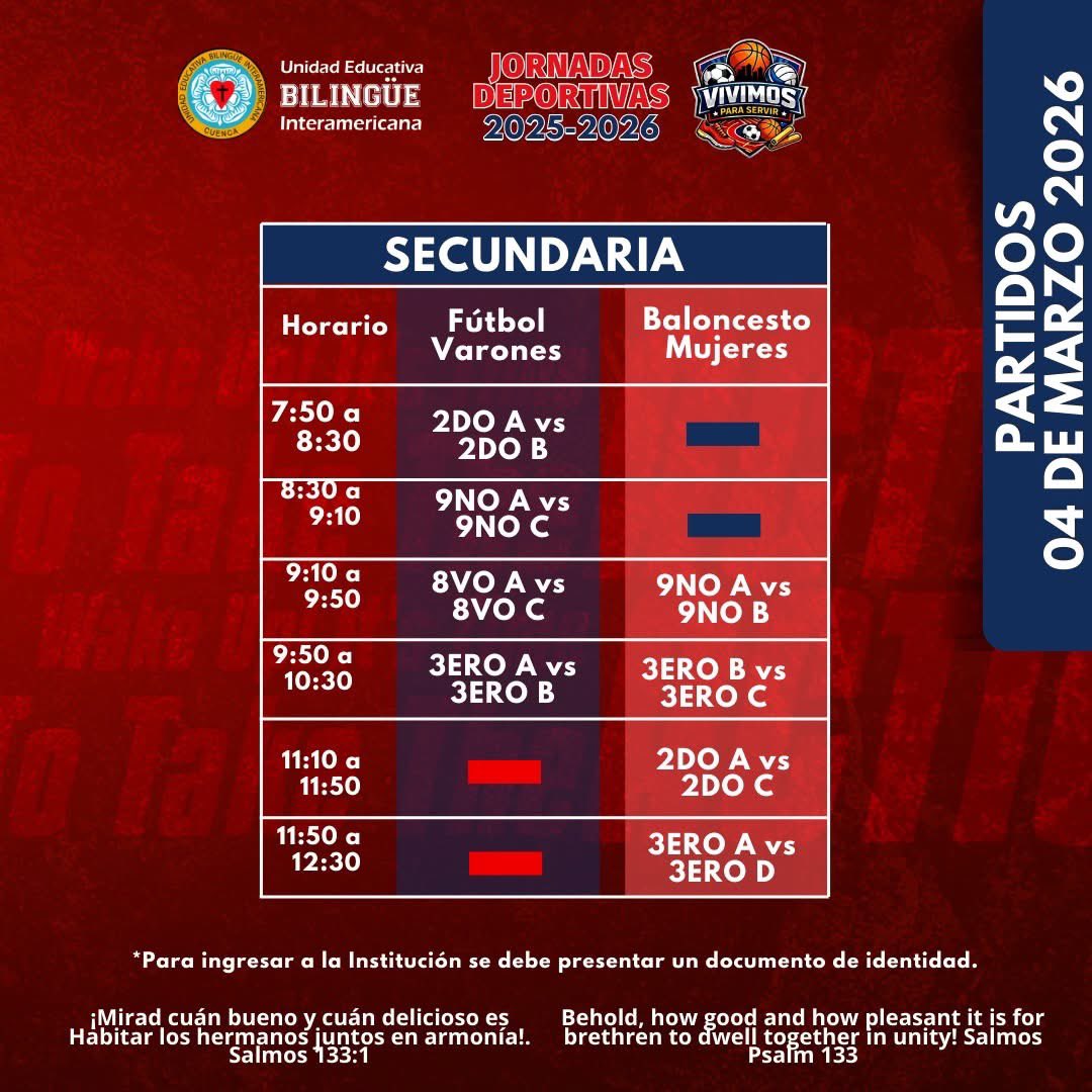 uebicuenca's tweet photo. 📣Jornadas Deportivas "Vivimos para Servir" Juan 13:15
🕔🗓️Horarios de Partidos🏀⚽
       04 de marzo de 2026 

Prosigo a la meta, al premio del supremo llamamiento de Dios en Cristo Jesús. Filipenses 3:14✝️ https://t.co/keU2L1ah2Z