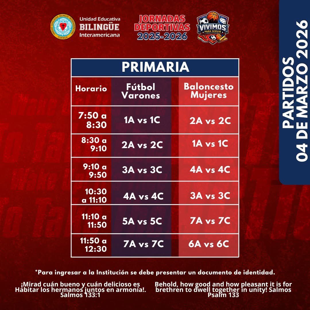 uebicuenca's tweet photo. 📣Jornadas Deportivas "Vivimos para Servir" Juan 13:15
🕔🗓️Horarios de Partidos🏀⚽
       04 de marzo de 2026 

Prosigo a la meta, al premio del supremo llamamiento de Dios en Cristo Jesús. Filipenses 3:14✝️ https://t.co/keU2L1ah2Z