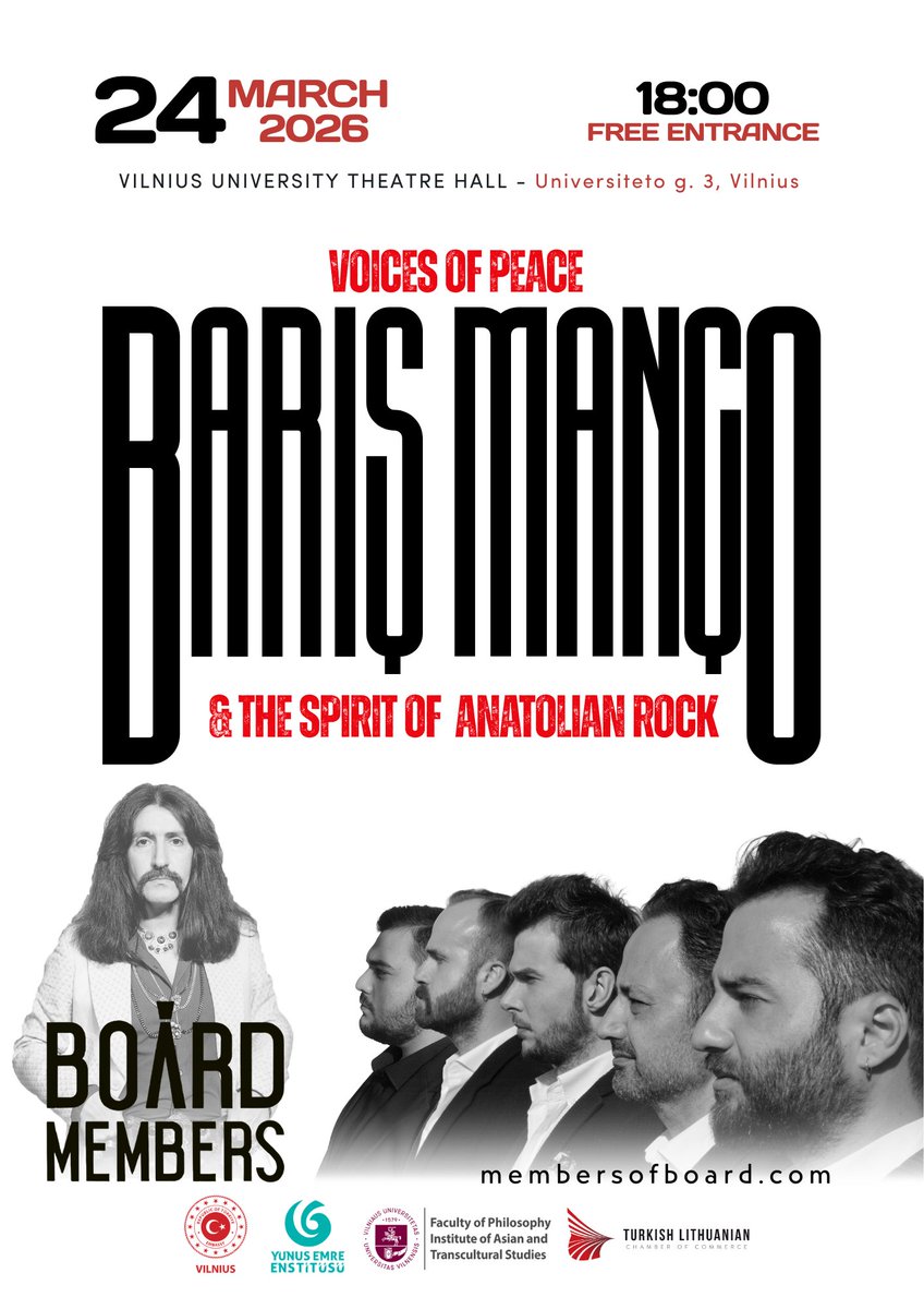 membersofboard's tweet photo. We will perform at the “Voices of Peace” event in Vilnius, honoring the legacy of the legendary Barış Manço. A special evening celebrating music, culture, and connection.

📍 Vilnius University Theatre Hall 
(Universiteto g. 3, Vilnius)
🗓 March 24, 2026 | 18:00
🎟 Free Entrance https://t.co/Dp4KwyKWfK