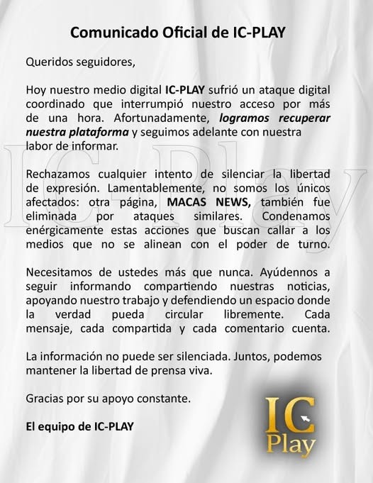 #AlertaPanas
¿NOS TIENEN ENTRE CEJA Y CEJA? 
“MEDIO DIGITAL DENUNCIA ATAQUE INFORMÁTICO Y ALERTA INTENTO DE SILENCIAR CONTENIDOS”, el portal IC-PLAY informó que sufrió un ataque digital coordinado que interrumpió su acceso por más de una hora, aunque posteriormente logró