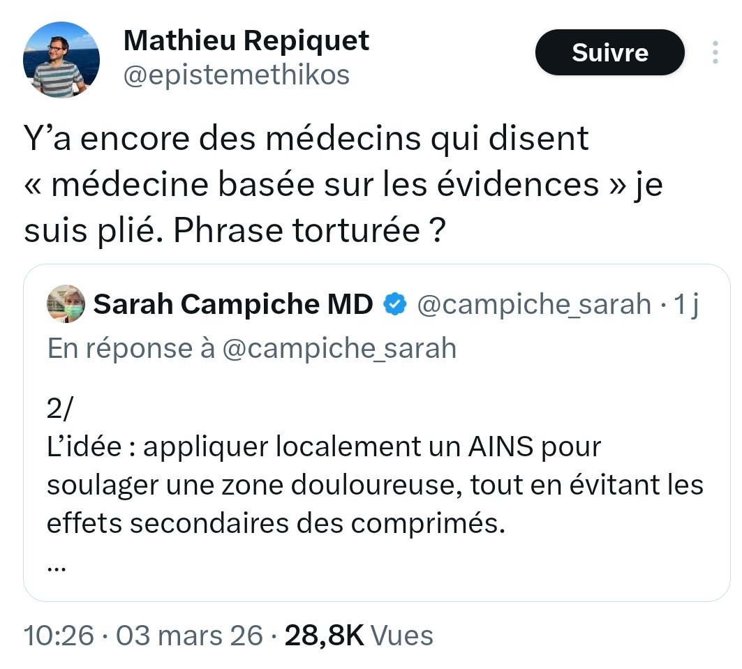 Soutien au Dr <a href="/campiche_sarah/">Sarah Campiche MD</a> face à des attaques gratuites d'une telle fatuité de la part d'un étudiant qui n'a pas un centième des compétences de cette médecin-anesthésiste dont la qualité des threads pédagogiques d'utilité publique n'a d'égal que sa gentillesse.🔽