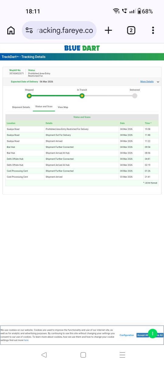 rajesh_notfound's tweet photo. @BlueDart_    Your delivery executive marked my shipment as “Prohibited Area – Entry Restricted for Delivery” without even calling me. This has happened before and my previous order was cancelled after multiple fake delivery attempts. Please look into this and resolve it. https://t.co/1xeHS787nD
