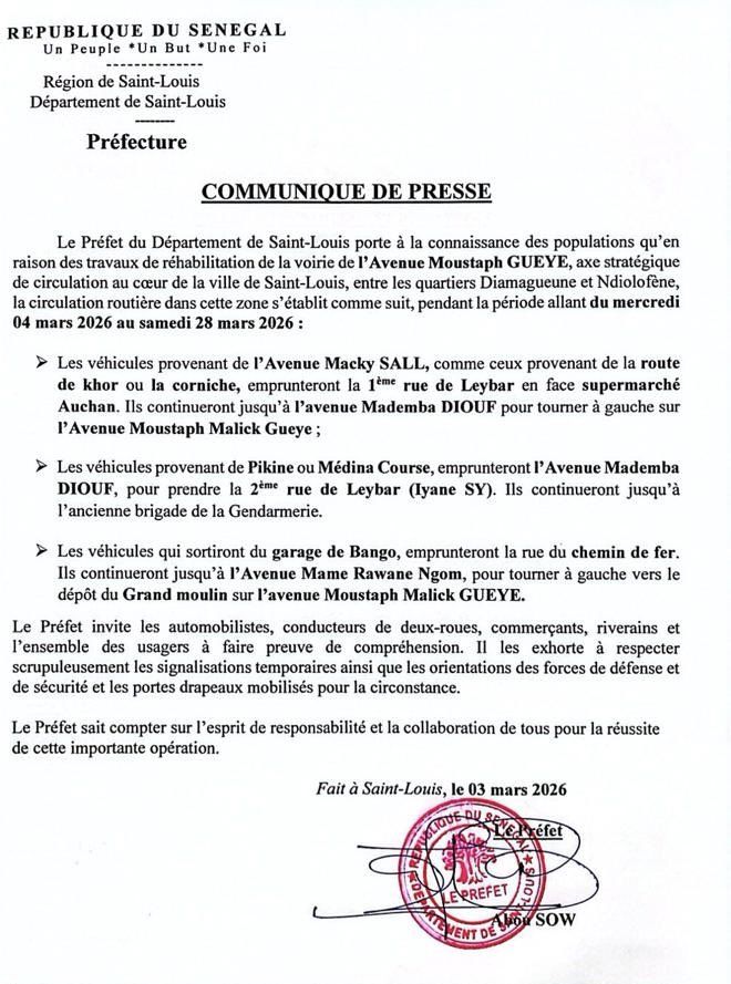 Ageroutesn's tweet photo. Le Préfet du Département de Saint-Louis informe les populations et les usagers de la route du démarrage des travaux de réhabilitation de la voirie de l’avenue Moustaph GUEYE,
#MinistèredesInfrastructures #AGEROUTE #Sénégal #saintlouis #entretien #républiquedusénégal #prefecture https://t.co/CgwHOs7WrZ