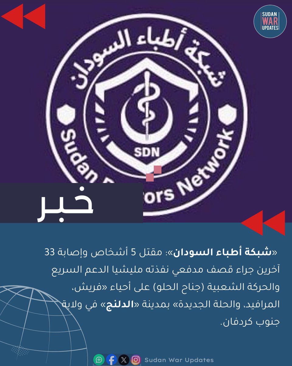 sudan_war's tweet photo. أعلنت «شبكة أطباء السودان» مقتل 5 أشخاص وإصابة 33 آخرين جراء قصف مدفعي نفذته مليشيا الدعم السريع والحركة الشعبية (جناح الحلو) على أحياء «فريش، المرافيد، والحلة الجديدة» بمدينة «الدلنج» في ولاية جنوب كردفان. https://t.co/udikV6D6Yv