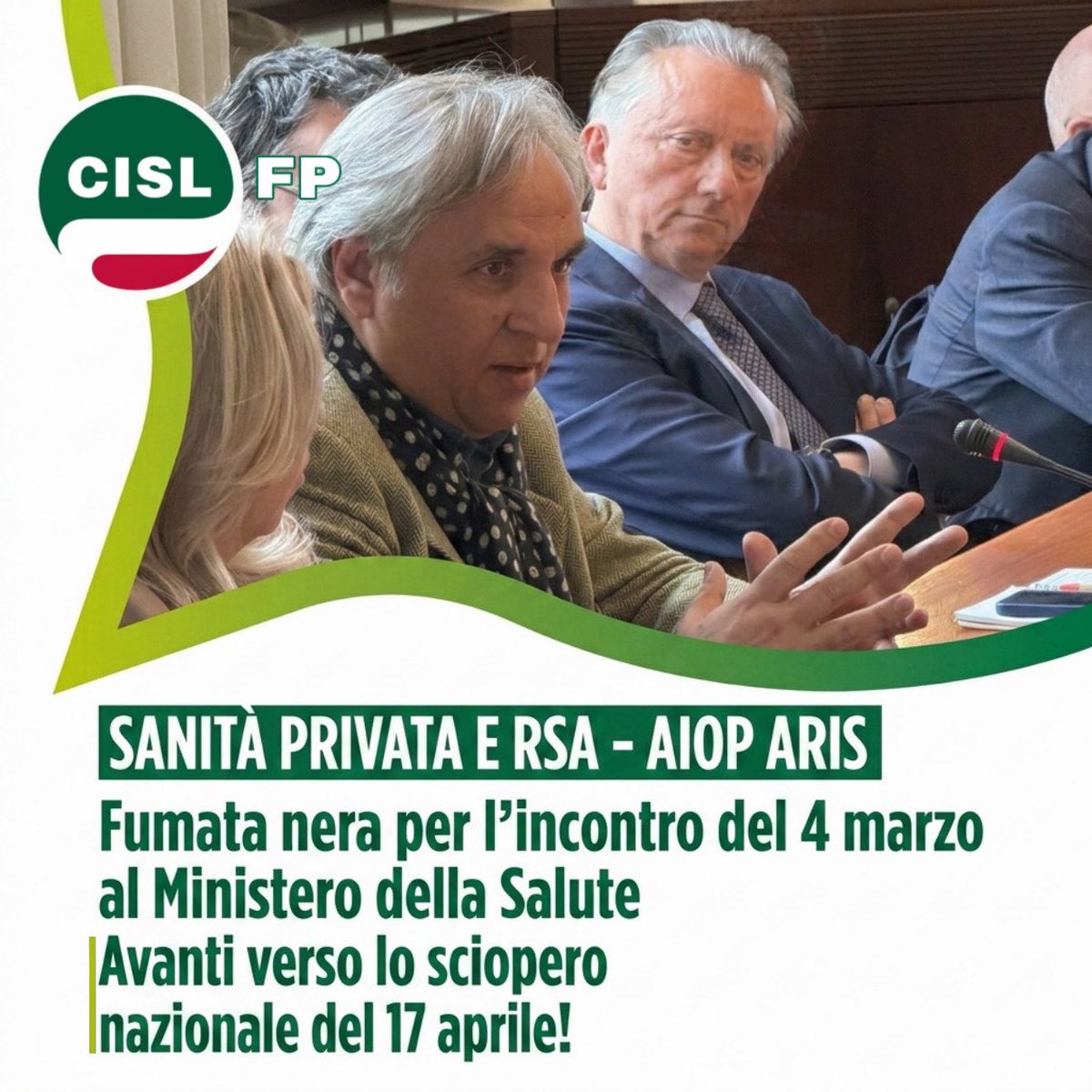 𝗦𝗔𝗡𝗜𝗧𝗔̀ 𝗣𝗥𝗜𝗩𝗔𝗧𝗔 𝗘 𝗥𝗦𝗔: 𝗟𝗔 𝗣𝗔𝗭𝗜𝗘𝗡𝗭𝗔 𝗘̀ 𝗙𝗜𝗡𝗜𝗧𝗔!

L’incontro di oggi al <a href="/MinisteroSalute/">Ministero della Salute</a> , alla presenza del Ministro, si è concluso con una fumata nera.
Avanti verso lo #sciopero nazionale!

👉il comunicato stampa unitario: cislfp.it/2026/03/04/san…