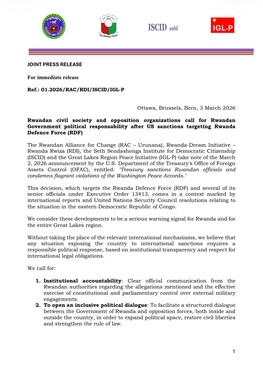 ItemeRadio's tweet photo. Nous saluons la mise en place des sanctions contre les #RDF par les #USA. La crise humanitaire/sécuritaire en RDC est la conséquence de l'inexistance de l'Etat de Droit au Rwanda. Nous appelons à plus de pressions pour imposer au #FPR l'ouverture de l'espace politique au Rwanda. https://t.co/XRtf3kklYx