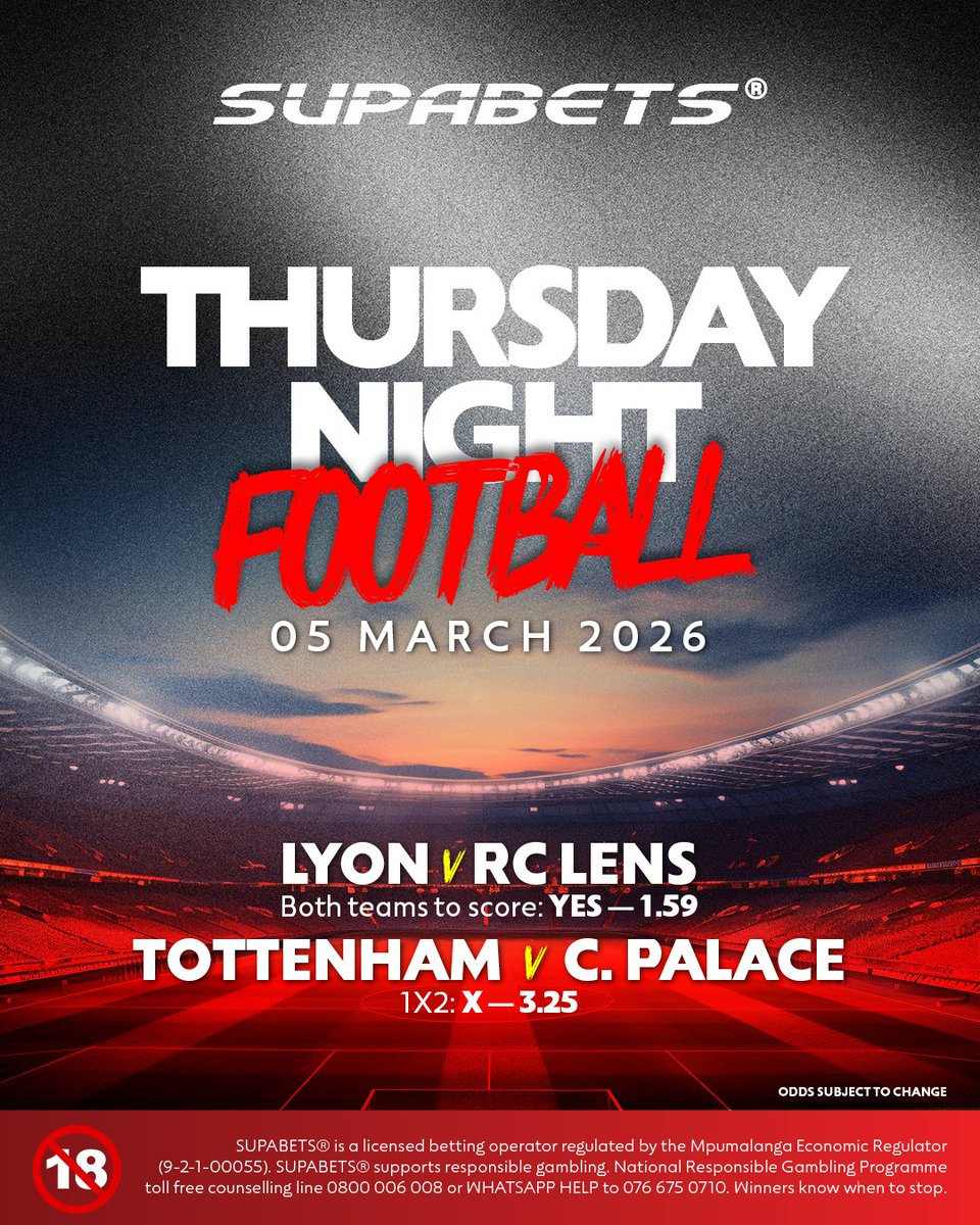 Supabets_mzansi's tweet image. ⚽️THURSDAY NIGHT FOOTBALL😎

Nothing to do? Follow us and make a Buck or Two😁

👉 1️⃣0️⃣0️⃣1️⃣2️⃣5️⃣4️⃣✅
👉 bit.ly/4clLfU5 ✅

#ThursdayNightFootball #supaslip #supabet

18+ | Bet Responsibly