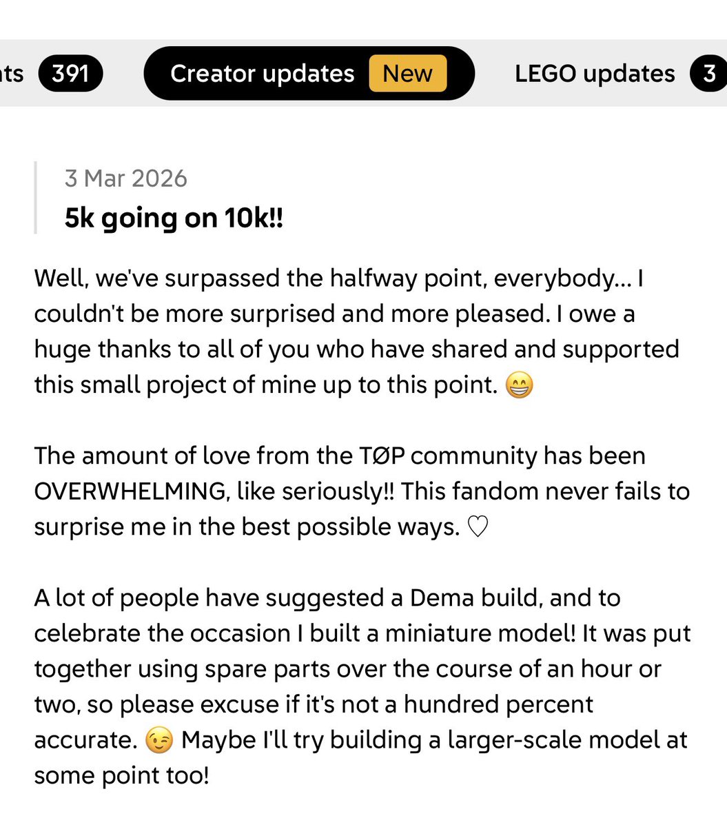 TOPMerchAlerts's tweet photo. Twenty one pilots Lego Update 

The creator has made a miniature DEMA in celebration of hitting 5k+ supporters, they’re over HALFWAY to 10k now!

Keep up the support:) 
#twentyonepilots 

🔗  https://t.co/PPQxFh8qPG https://t.co/tsoDDsbv8C