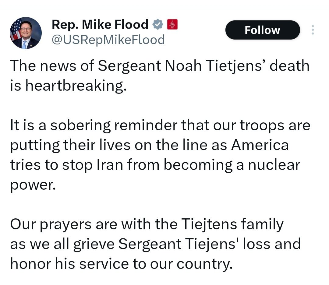 Our congressman not only misspells the sergeant's name but does so twice and in two different ways. Heckuva job, Mikey. <a href="/USRepMikeFlood/">Rep. Mike Flood</a>