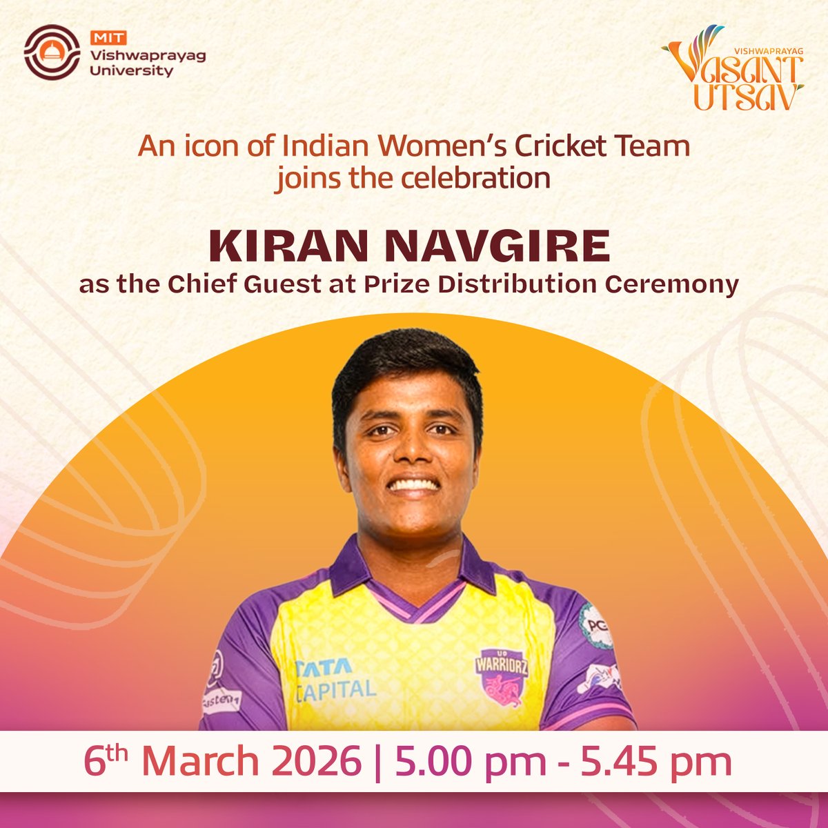 MIT Vishwaprayag University is thrilled to welcome Kiran Navgire, Indian International Cricketer and one of the most explosive batters in women’s T20 cricket, as the Chief Guest for the Prize Distribution Ceremony.

6th March 2026 | 5.00 pm - 5.45 pm

@kiranprabhunavgire