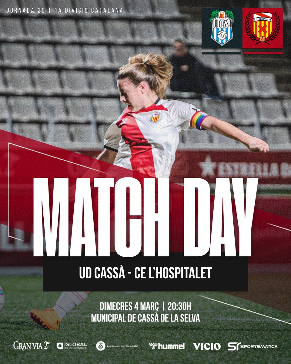 CELHFemeni's tweet photo. [DIA DE PARTIT]  

🏆 #1CatFem | J20
🕖 20.30h
⚽️ @UDCassa - @CELHFemeni 
🏟️ Municipal de Cassà de la Selva
📲 @CELHFemeni

#Hospi #MatchDayLH #SomhiHospi #PosatlaFranja https://t.co/cfgAo4tMzx