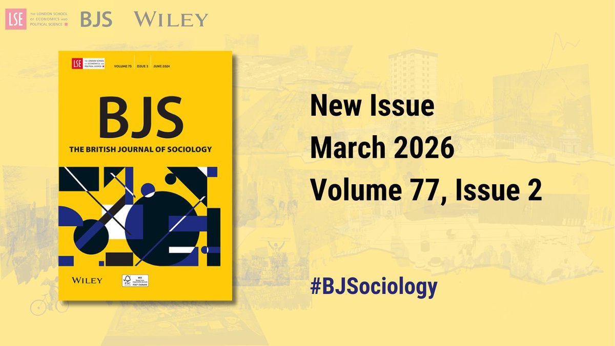 BJSociology's tweet image. 🟡 A new issue of the British Journal of Sociology is out now. Articles in this issue cover topics including #inequality, #power, #migration, #SocialLife, #care and identity-making.

Read the latest issue ➡️ buff.ly/bpzVTZN