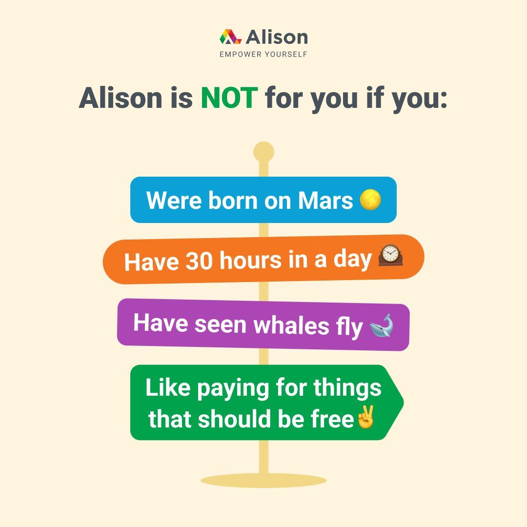 Alison_Learning's tweet image. If you're reading this from Earth, this is your sign to start learning.

Empower yourself for free, here:  👉 buff.ly/ildTMKH 

#FreeLearning #UpskillForFree #OnlineCourses #Alison #EmpowerYourself