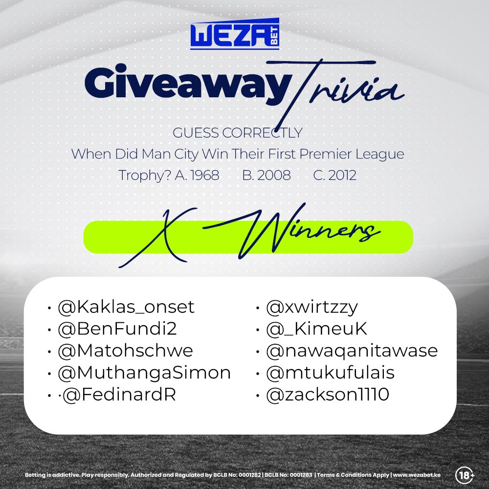 🗣️Wakuu! Winners Wameland Wa Trivia Ya Jana! ⚽

👏 Congratulations and please send us your Wezabet Registered Phone Numbers within the next 3 days. 

🚀 Good luck in your PLAY and remember our CASH DROP promo is giving up to 100,000 KES DAILY! 

Weza Bet Yako Apa -
