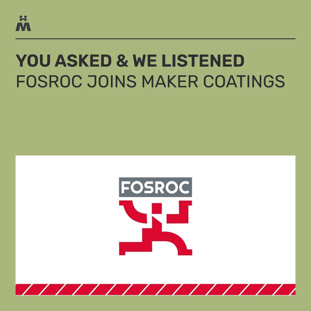 MakerCoatingUK's tweet photo. We're proud to announce Fosroc is now supplied by Maker Coating Systems, adding them to our growing list of industrial paint &amp; maintenance products.

#Construction #Fosroc #PerformanceCoatings #IndustrialRepair #ConstructionChemicals #ConstructionMaterials #ConcreteRepair https://t.co/MRvNrwJP0B