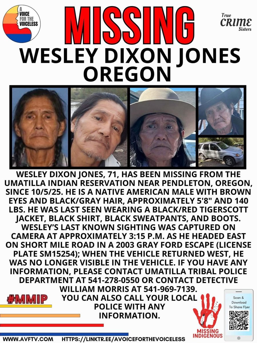 AwarenessTCS's tweet image. 🚨 MISSING INDIGENOUS - PLEASE SHARE 🚨 71-year-old Wesley Dixon Jones has been missing from the Umatilla Indian Reservation near Pendleton, Oregon since 10/5/25.

Wesley is a Native American male with brown eyes and black/gray hair. He is approximately 5'8" and 140 lbs. He was