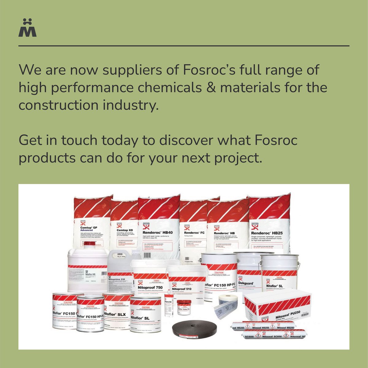 MakerCoatingUK's tweet photo. We're proud to announce Fosroc is now supplied by Maker Coating Systems, adding them to our growing list of industrial paint &amp; maintenance products.

#Construction #Fosroc #PerformanceCoatings #IndustrialRepair #ConstructionChemicals #ConstructionMaterials #ConcreteRepair https://t.co/MRvNrwJP0B