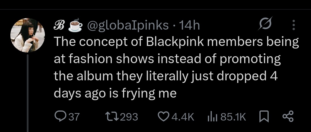 The first thing Rosé did after winning the biggest award of her career was to promote GO, but blinks can't see that. she is literally the only member who gaf about the comeback but her attending a fashion show after MONTHS is what pisses them off 😮‍💨