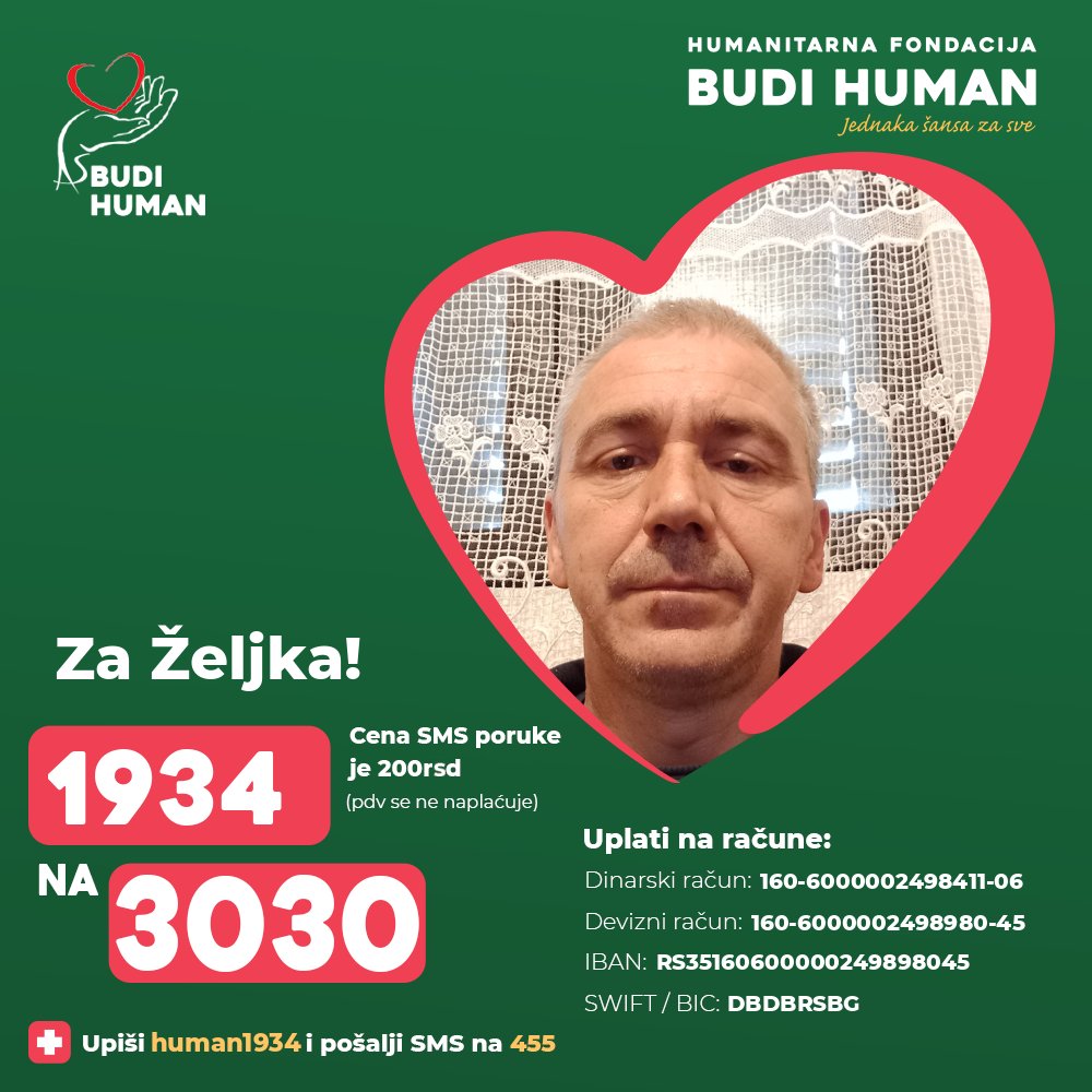 budihuman's tweet image. Pomozimo Željku!

Upišimo 1934 i pošaljimo SMS na 3030

budihuman.rs/korisnik/1934/…

#budihuman #jednakašansazasve #podeli #željkoobradović