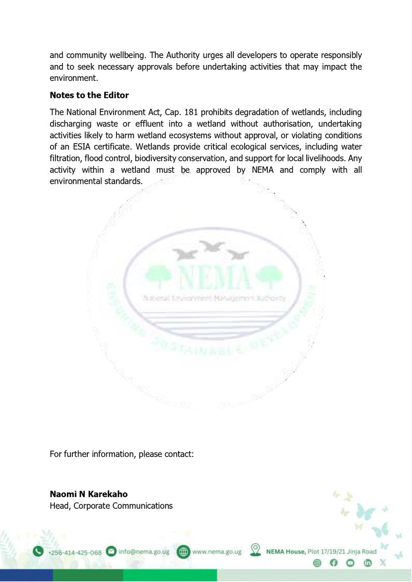 nemaug's tweet photo. NEMA SCORES AS COURT CONVICTS PRO INDUSTRIES FOR POLLUTING LUWEERO WETLAND
The Makindye-based Standards, Wildlife, and Utilities Court has ruled in favour of the National Environment Management Authority (NEMA), convicting PRO Industries Pte Limited for illegally discharging untreated industrial waste into the Ngaju Wetland in Ndibulungi Village, Kakabala Parish, Butuntumula Sub-county, Luweero District along the Kampala–Gulu Highway. Details...