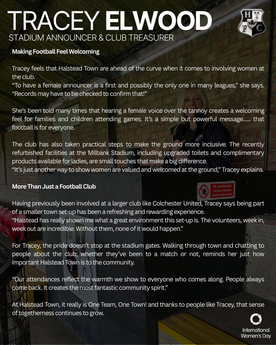 For International Women's Day, we’re spotlighting the incredible women who keep the Essex Senior League running behind the scenes 💜♀️✨️

​First up, meet Tracey Elwood from <a href="/HalsteadTownFC/">Halstead Town FC</a>!

We sat down with Tracey to discuss her vital role at the club 🎙 

​#IWD2026 #ESL
