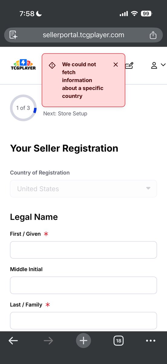 SoShinyTCG's tweet photo. @TCGplayer I am unable to login to my seller’s portal on tcgplayer

It is asking me to register again (which I already have over 1000 sales so idk why) 

Even if I try to register I get this error and cannot select the state I live in

Helpbot was useless in this situation https://t.co/5UTZ1lfTDs