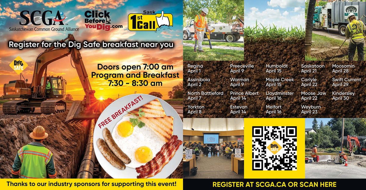 SaskCGA's tweet photo. Registration is now open for the 2026 Dig Safe Breakfast in your area. With 19 locations across the province - we hope to see you in April! https://t.co/eYCF7HQUPB
#DigSafe #SCGA #DamagePrevention #UtilitySafety #Sask1stcall https://t.co/YefG1x9fa0