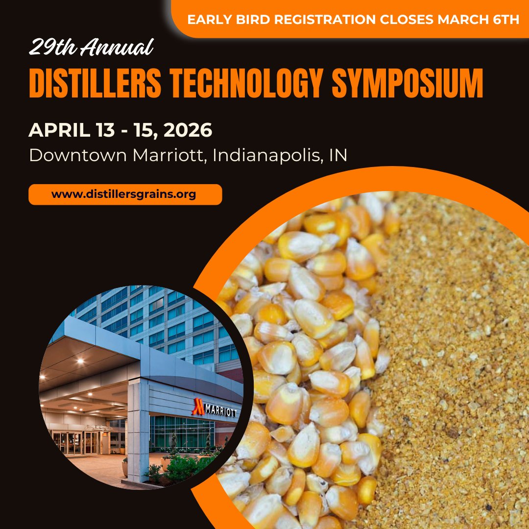 DistillersGrain's tweet photo. Early bird registration closes this Friday, March 6th for the 29th Annual Distillers Technology Symposium at the Downtown Indianapolis Marriott!

📅 April 13 - 15, 2026
📍 Indianapolis, IN

👉 View Agenda &amp; Register NOW: https://t.co/8RyTmArONK

#distillerstechnology #distillers https://t.co/XjfyJlajt9