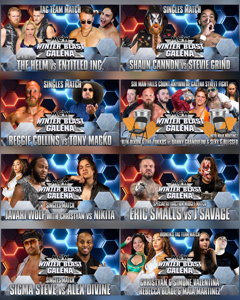 MCWWrestling's tweet photo. #MCWWinterBlast ‘26 heads to the Eastern Shore and back to the Galena VFD🚒 for a #Fundraising event on Friday March 13th‼️ 

💥 Main Event Galena Street Fight 💥
#MCWRageTV Champion @The_KenDixon teams with The Zukko’s to face 4Play

🔥 In Women’s Tag Team action, @The_SValentina & @ChristyanXO take on Rebecca Blade & Maia Martinez

⛓️ The Helm 🆚 Entitled Inc

🐺 Javari Wolf 🆚 Nikita

👍 @ReggieCollins19 🆚 @TheDolomac

👹 @ShaunCannon 🆚 Stevie Grind

👊 Special Attraction Midgets Match 👊
Eric Smalls 🆚 J Savage

🪽 @AlexDivineHSK 🆚 @TheStevenFuerte

🎟️ https://t.co/lZRPeKOe4d