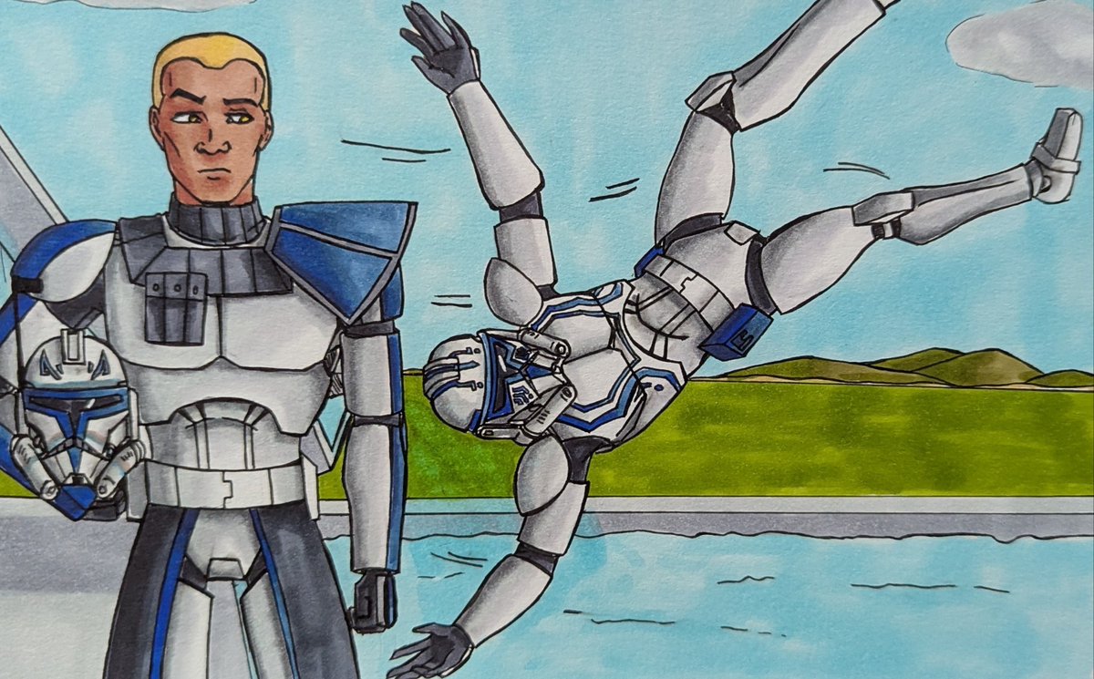 Cyber54prime's tweet image. Wanted to draw something random so here hardcase flying from a slide while rex is talking to the general. 
Pose inspired by a random video online.

#captainrex #hardcase #starwars #theclonewars