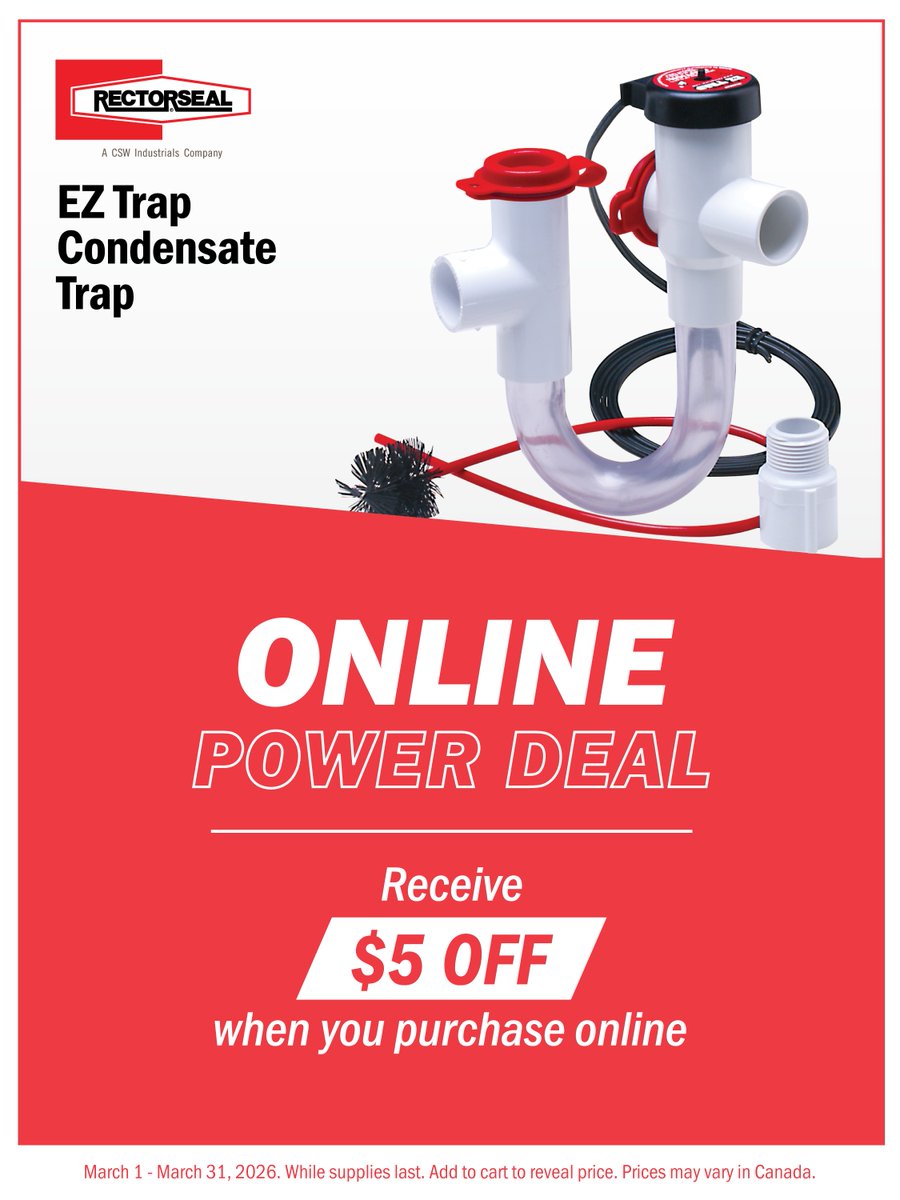 ⚡ March Power Deal ⚡
Save $5 on the EZ Trap Condensate Trap from RectorSeal when you buy online.

Help prevent clogging issues &amp; protect system performance. 💧
Log in &amp; claim your deal today!