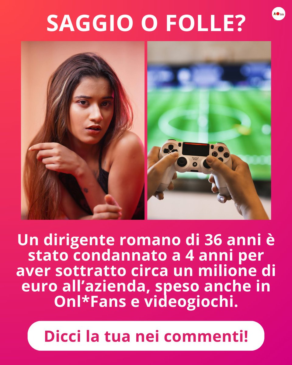 RedFlyZone64288's tweet photo. Un dirigente sottrae 1 milione di euro alla sua azienda.
Il piano di investimento?
🎮 PlayStation
📱 OnlyFans

La strategia non ha convinto il giudice: 4 anni di condanna. https://t.co/EunR8crX8w