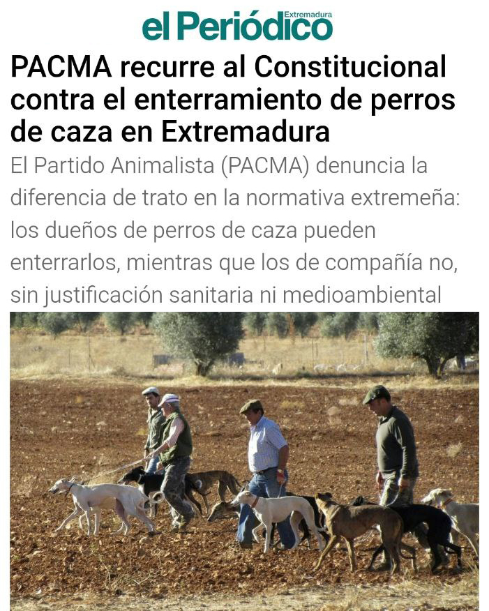 ⚖️¡La ley debe ser igual para todos!

🚫No puede ser que en Extremadura los cazadores puedan enterrar a sus perros y las familias con animales no puedan hacerlo con los suyos. ¡Esto es discriminación y va contra el artículo 14 de la Constitución!

🪦Además, mientras los cazadores