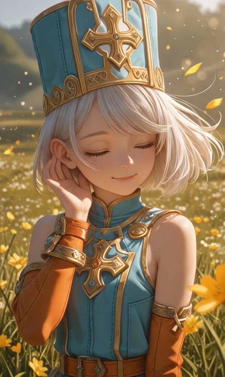 ミラは金色の花の海のまんなかで、帽子の縁に指を添えて立っていた。目を閉じているのに、風の向きだけは外さない。髪がふわっと揺れて、光が頬にやさしく落ちる。

「ここ、静かすぎて落ち着かない？」って君が言うと、ミラは小さく笑った。